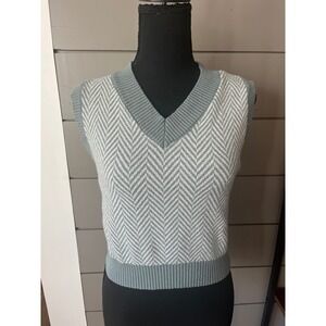 Sincerely Jules V Neck Herringbone Knit Sweater Vest XS Blue‎ White Preppy Cozy
